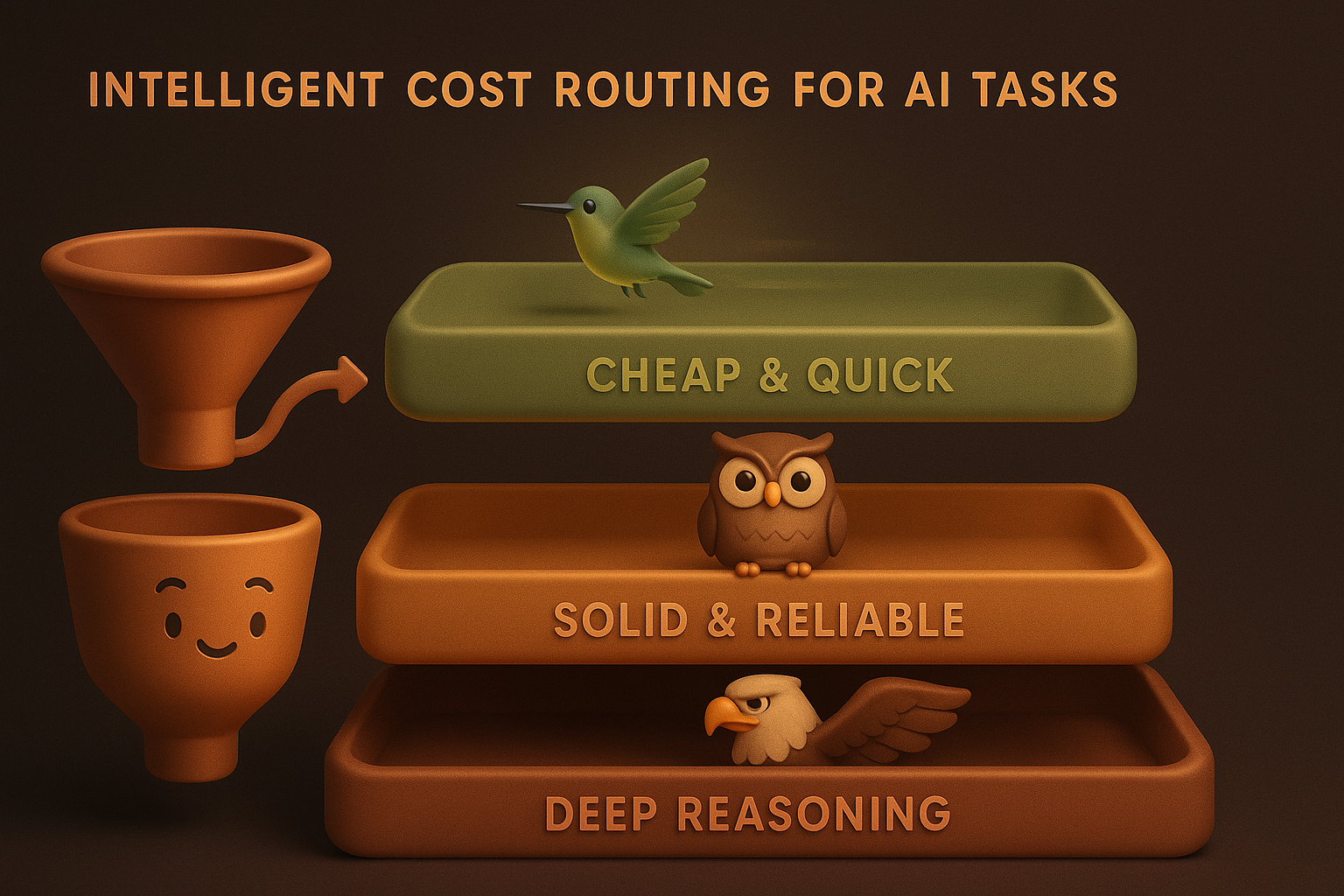 Three tiers of intelligent cost routing: a small green lane for simple tasks (fast and cheap), a medium amber lane for moderate tasks, and a large copper lane for critical reasoning — a sorting funnel directs each task to the right tier.