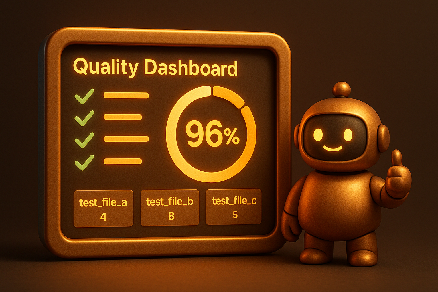 A glowing golden terminal showing test results: green checkmarks flowing down, a circular progress gauge reading 96 percent in warm amber, and neat test file cards below.