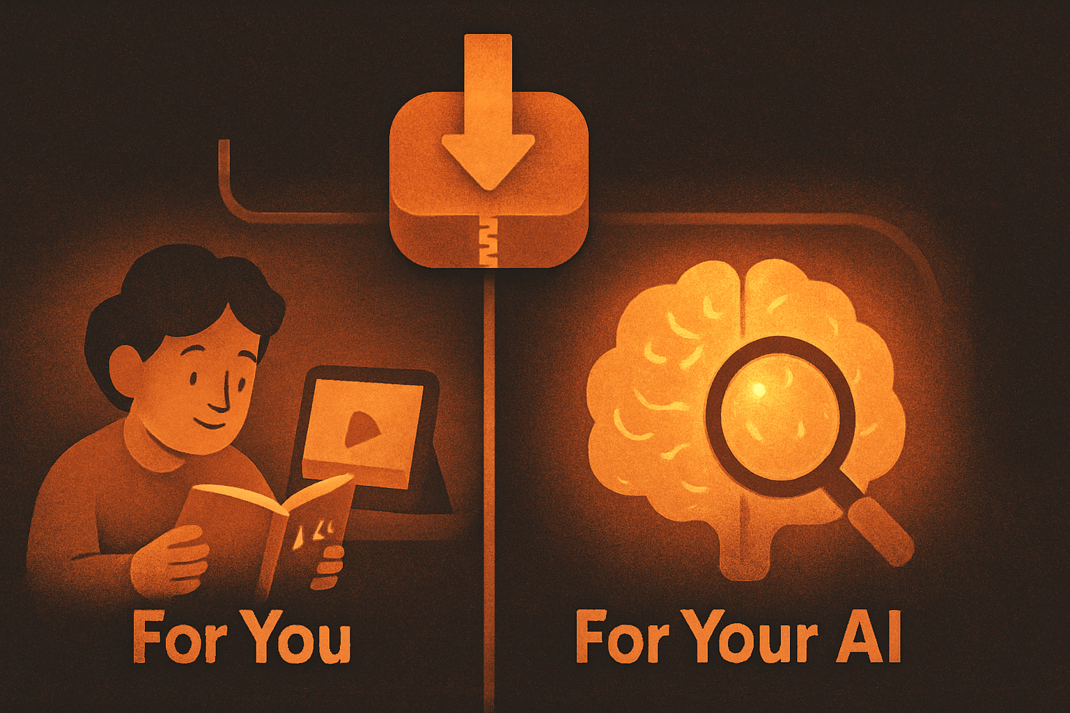One download splitting into two halves: For You (a person reading a primer and watching a video) and For Your AI (a glowing brain with a magnifying glass searching it).